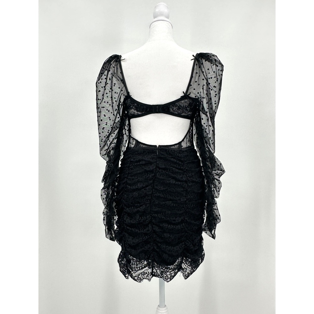 For Love & Lemons Black Lace Polka Dot Corset Sheer Ruched Mini Dress Womens L - Picture 5 of 11